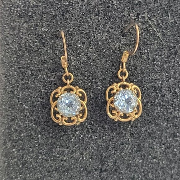 Vintage Gold-Tone Earrings With Clear Rhinestones & Intricate Filigree Design - Picture 1 of 5